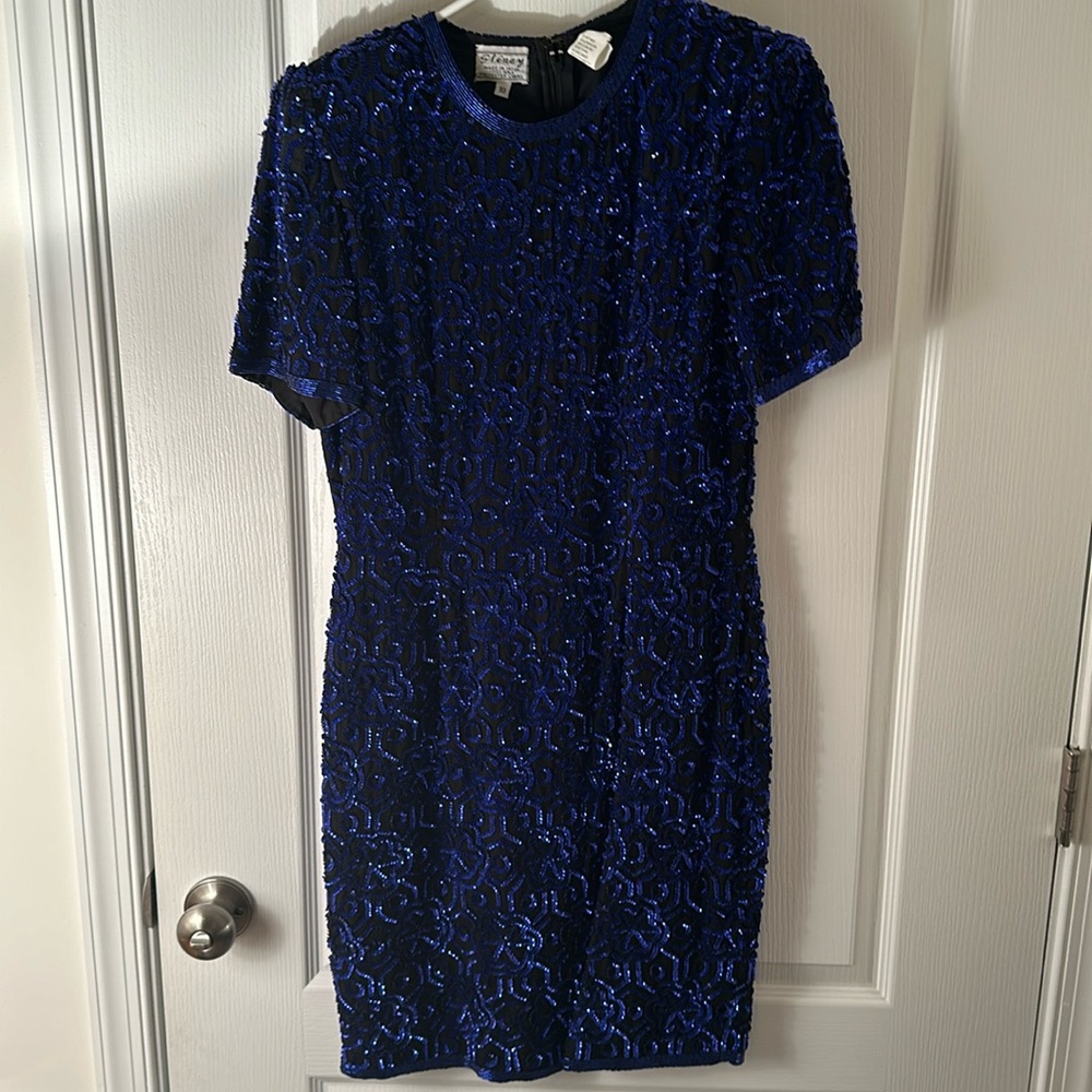 Stenay Vintage Blue Black Sequin 80s Cocktail Dress Size 10 Holiday New Years